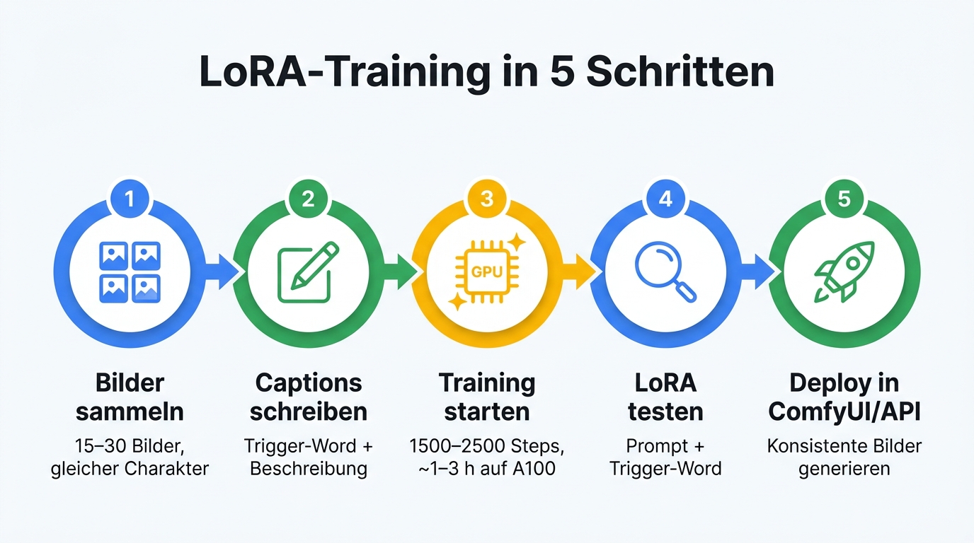 LoRA-Training in 5 Schritten: Bilder sammeln, Captions schreiben, Training starten, LoRA testen, Deploy in ComfyUI/API