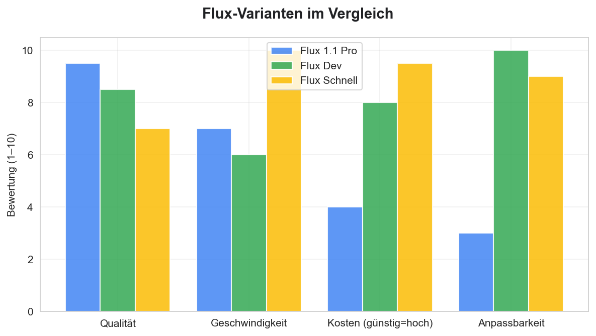Vergleich der drei Flux-Varianten Pro, Dev und Schnell auf Qualität, Geschwindigkeit, Kosten und Anpassbarkeit