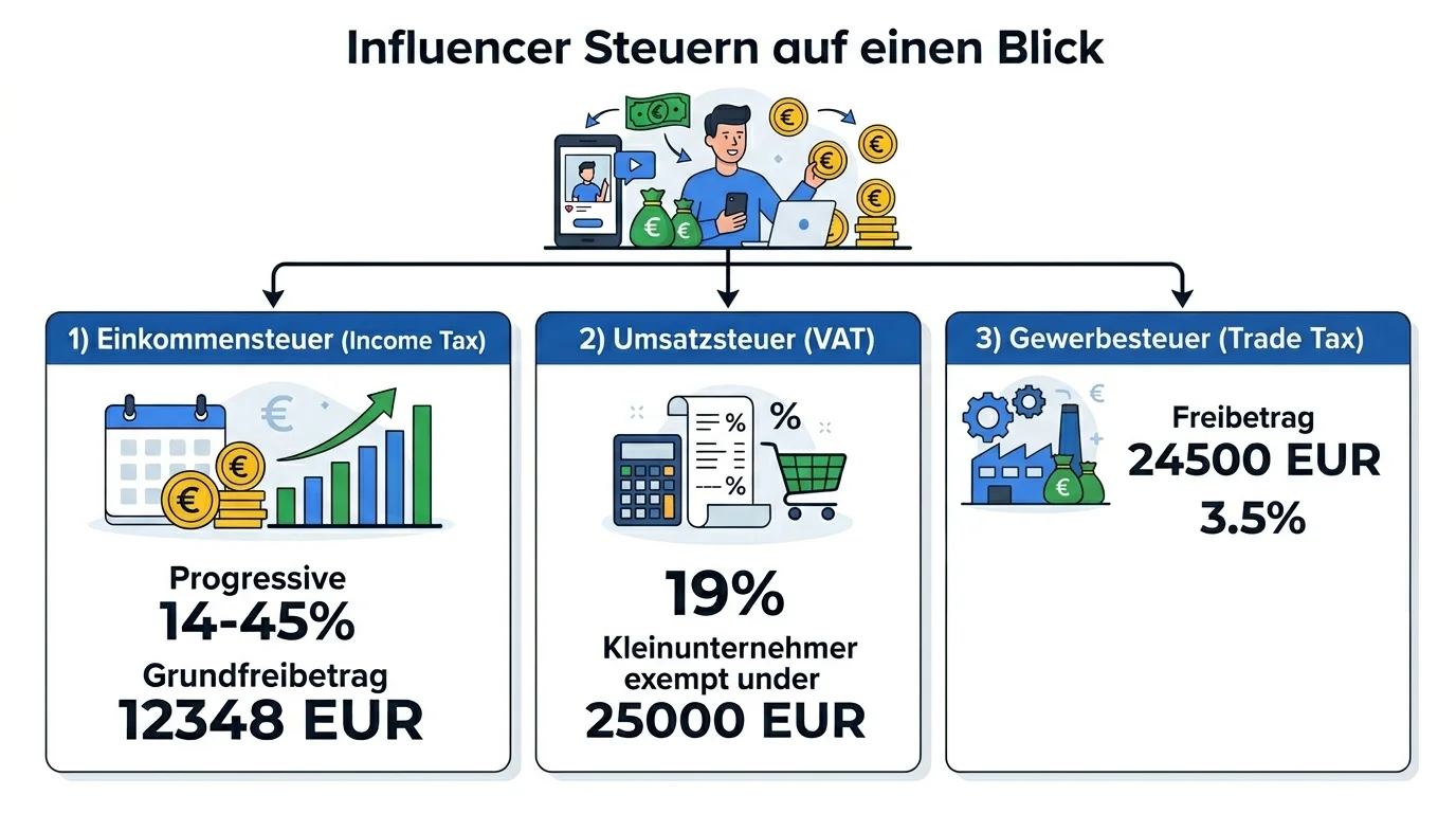 Influencer Steuern auf einen Blick: Einkommensteuer, Umsatzsteuer und Gewerbesteuer in Deutschland 2026