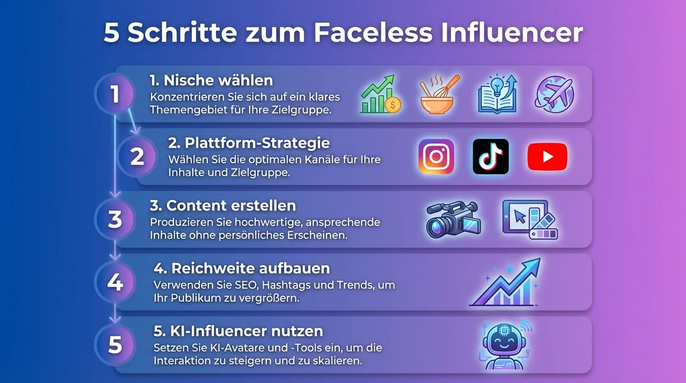 5 Schritte zum Faceless Influencer -- Infografik