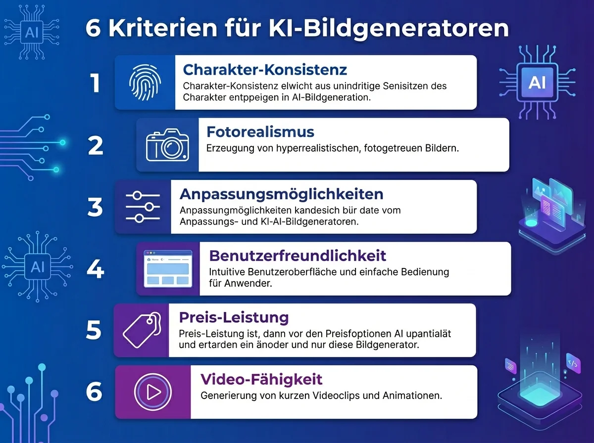 Infografik: Die 6 wichtigsten Kriterien für KI-Bildgeneratoren für AI Influencer — Konsistenz, Fotorealismus, Anpassung, Bedienung, Preis, Video
