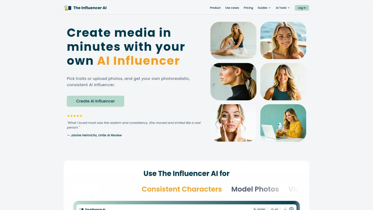 The Influencer AI — Screenshot der Plattform zur Erstellung von KI-Influencern