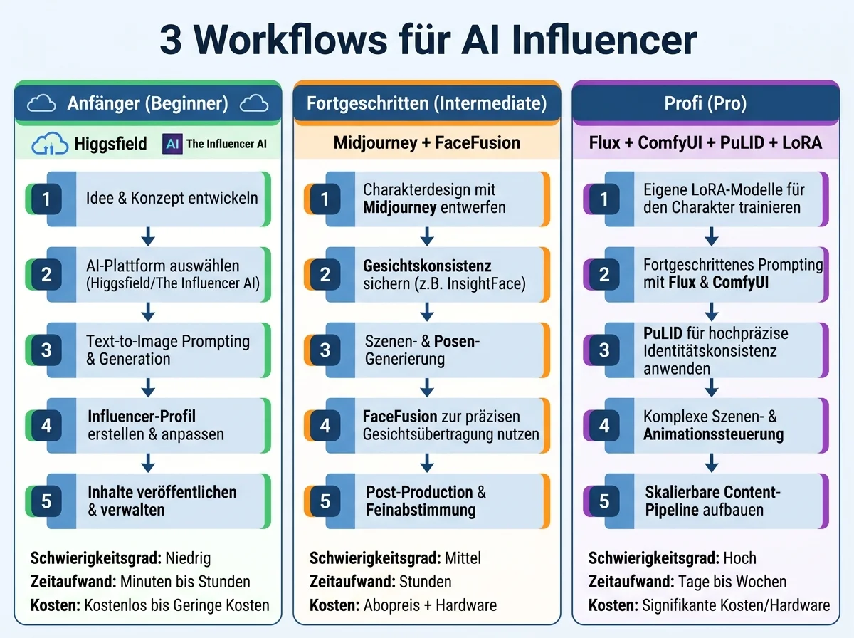 Infografik: 3 Workflows für AI Influencer — Anfänger (Cloud), Fortgeschritten (Midjourney), Profi (Flux + ComfyUI)