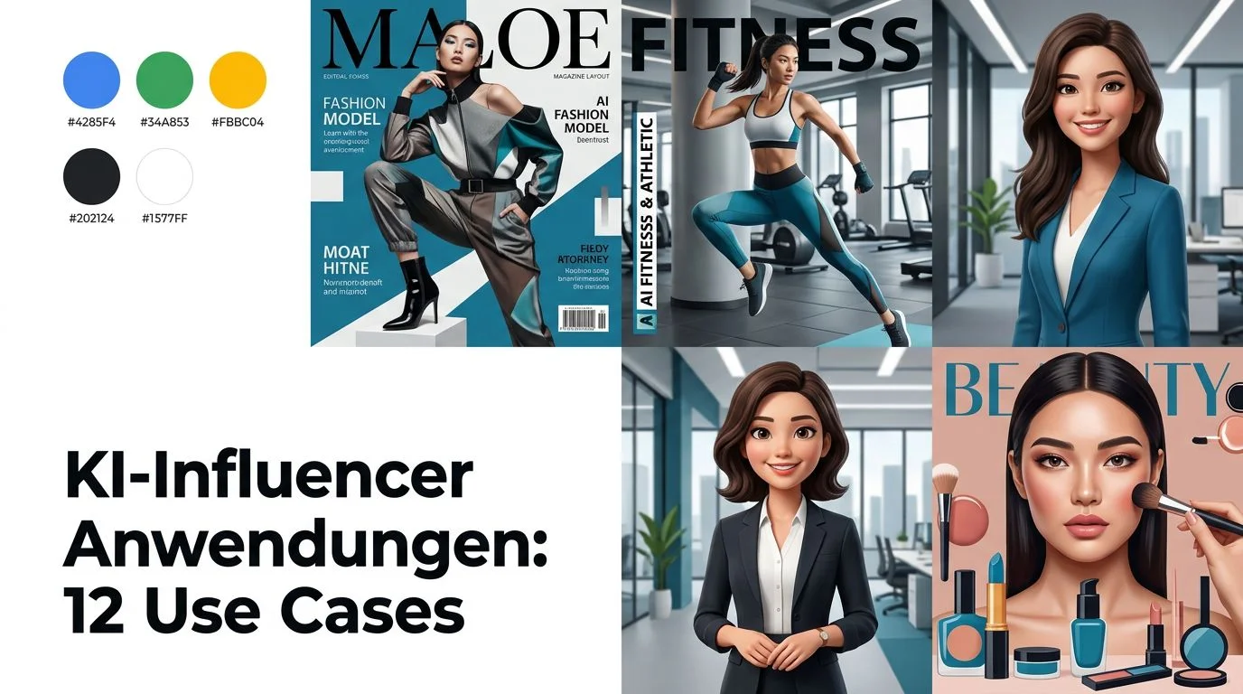 KI-Influencer Anwendungen Use-Case-Grid mit Fashion, Fitness, Brand-Mascot und Beauty Charakteren