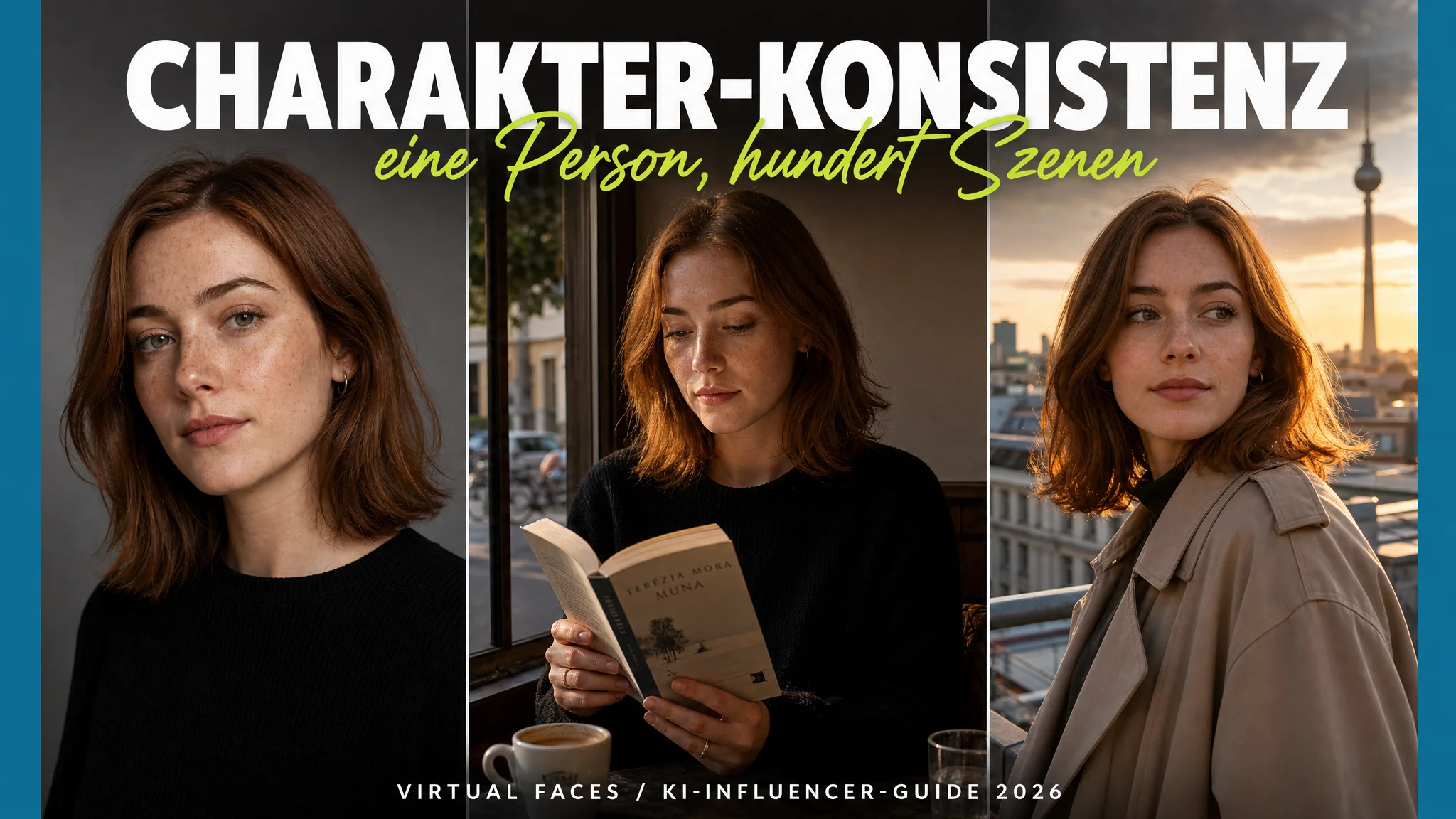 Charakter-Konsistenz bei KI-Influencern: eine Person in drei Szenen — Studio-Portrait, Café-Setting, Rooftop bei Golden Hour