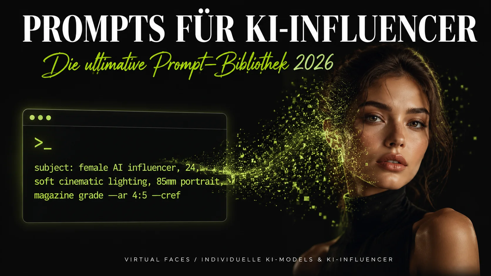 Prompts für KI-Influencer 2026 — Featured-Bild mit Terminal-Prompt und KI-generiertem Portrait