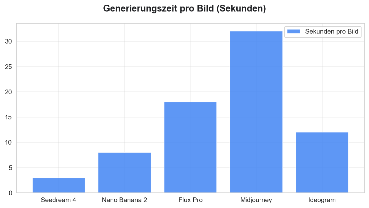 Vergleich der Generierungszeit pro Bild für Seedream 4 Nano Banana 2 Flux Midjourney und Ideogram