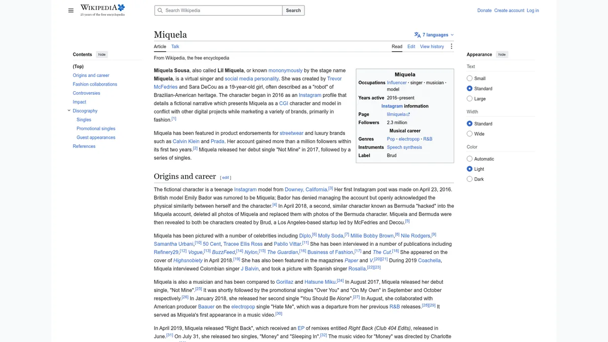Lil Miquela – die Geschichte der bekanntesten virtuellen Influencerin bei Wikipedia.