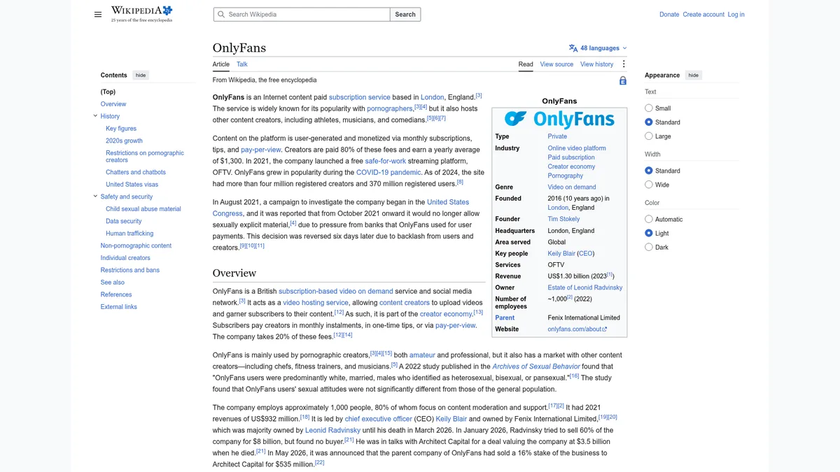 OnlyFans ist legal – Plattform, Geschichte und Rechtsfragen dokumentiert bei Wikipedia.