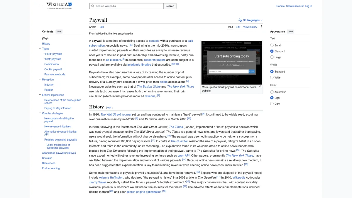 Die Paywall – Definition und Modelle, dokumentiert bei Wikipedia.