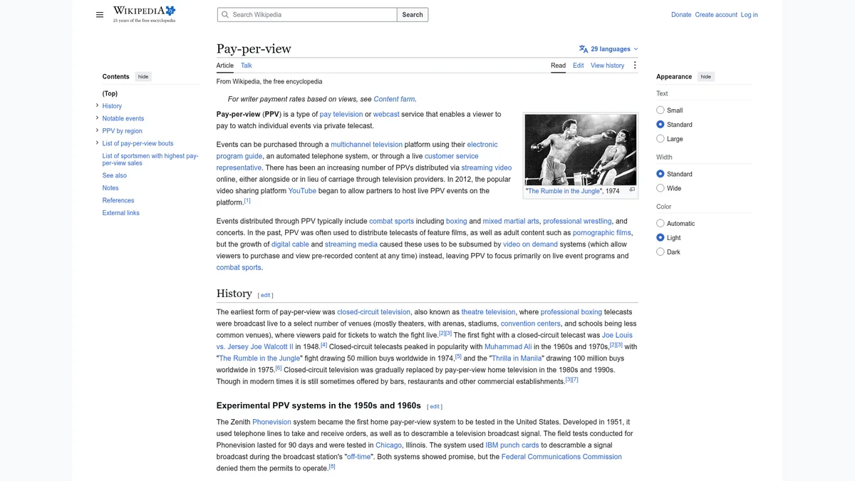 Pay-per-View – Herkunft und Bedeutung des Abrechnungsmodells bei Wikipedia.