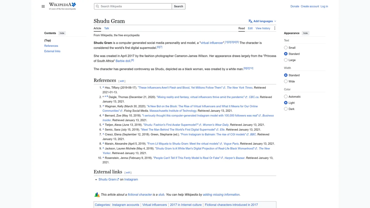Shudu Gram – „das erste digitale Supermodel“, dokumentiert bei Wikipedia.